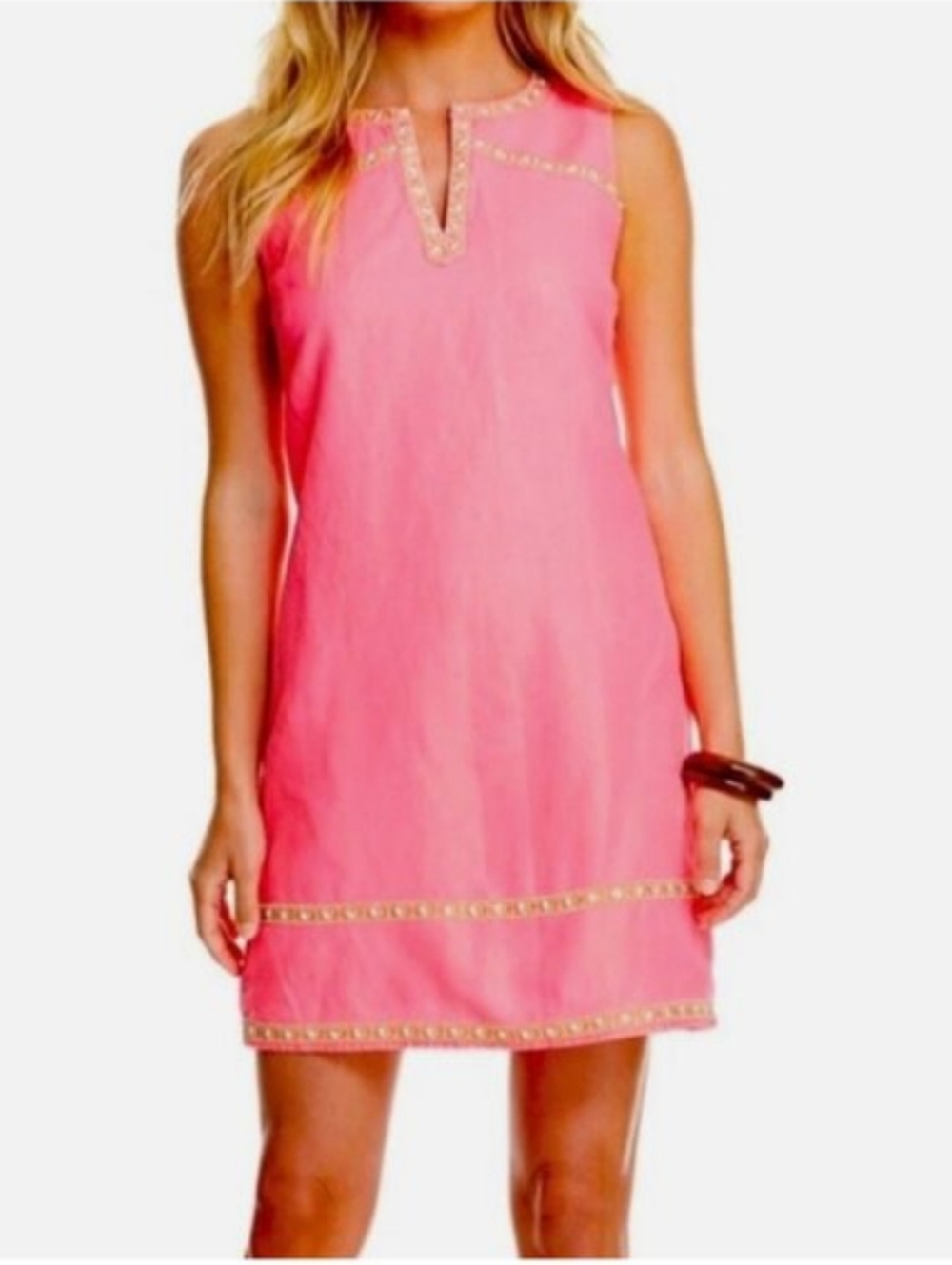 Vineyard Vines Sleeveless Beaded-Trim Pink Linen Shift Dress